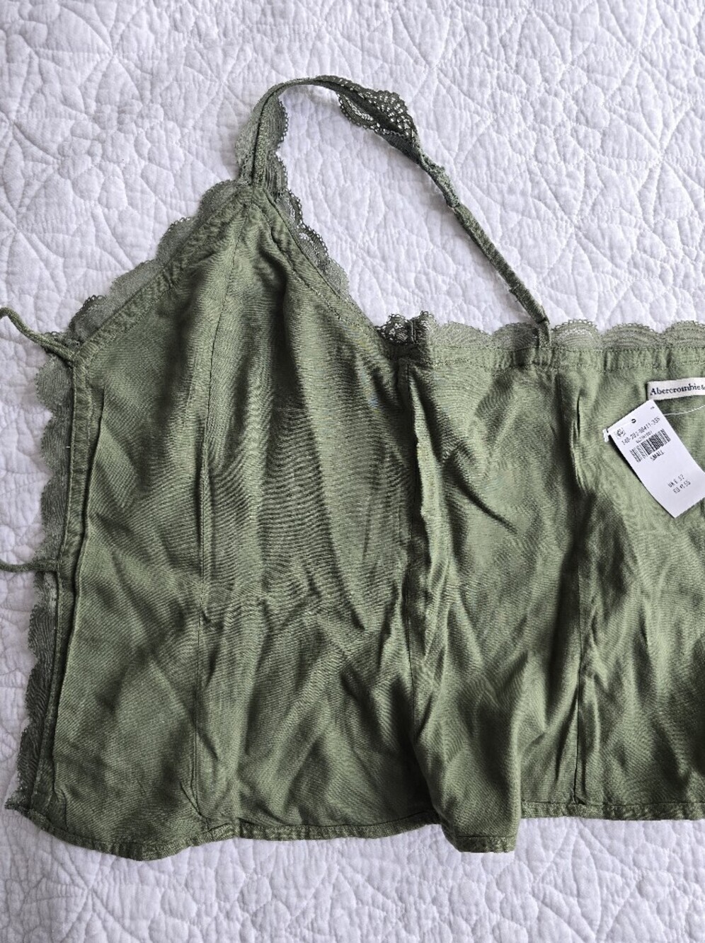 Abercrombie & Fitch Lace-Trim Tie Front Linen Blend Peplum Cami Top Green - Picture 10 of 12